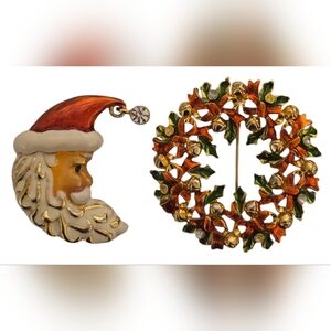 Christopher Radko  collectable vintage holiday brooches Santa and wreath